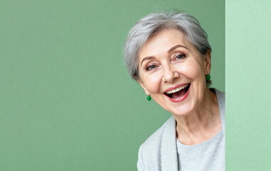 Portrait of a happy elderly woman with gray hair, smiling broadly on a green background