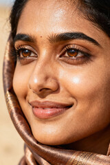 Close-up portrait of an oriental young girl in a headscarf