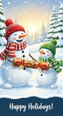 Joyful snowmen celebrating happy holidays with a festive cracker sharing moment