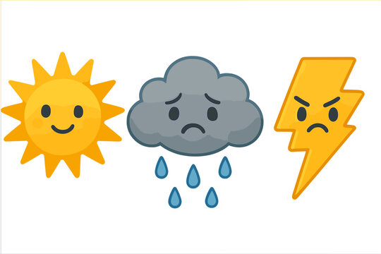 Happy sun, sad rain cloud, and angry lightning bolt weather symbols