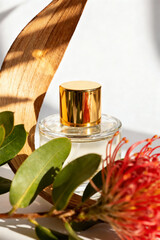 Perfume bottle with a golden lid on a warm background with a tree branch and flowers