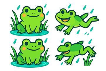 Obraz premium Four cute green frogs sitting and jumping during a rain shower