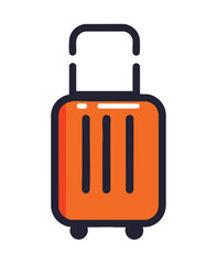 Orange rolling suitcase with dark outline and wheels on white background Keywords: suitcase