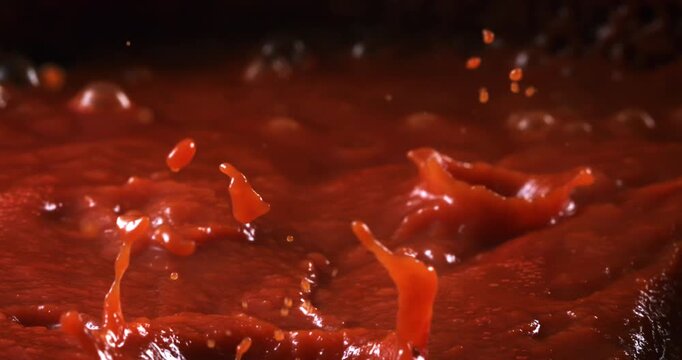 Slow motion close-up of boiling rich red tomato sauce bubbling  naturally under warm light with deep red tones and soft steam at 1000fps. Concept of homemade Italian tradition and culinary passion.