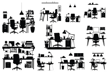 Collection of Office Desk Silhouettes with Chairs and Shelves