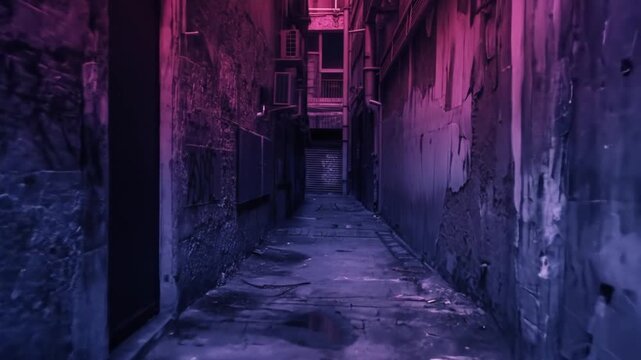 Atmospheric dark urban alleyway with grunge textured walls, illuminated by mysterious blue, purple, and pink neon light. Narrow passage.