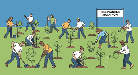 Diverse group of people participating in a tree planting marathon event, digging and watering young saplings