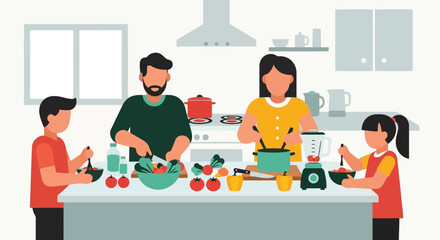Family cooking together in a modern kitchen, preparing a healthy meal with fresh ingredients and a blender