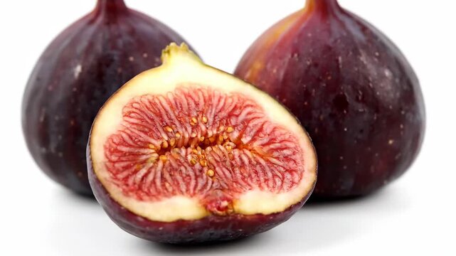Fresh Ripe Purple Figs with One Cut in Half on a White Background.