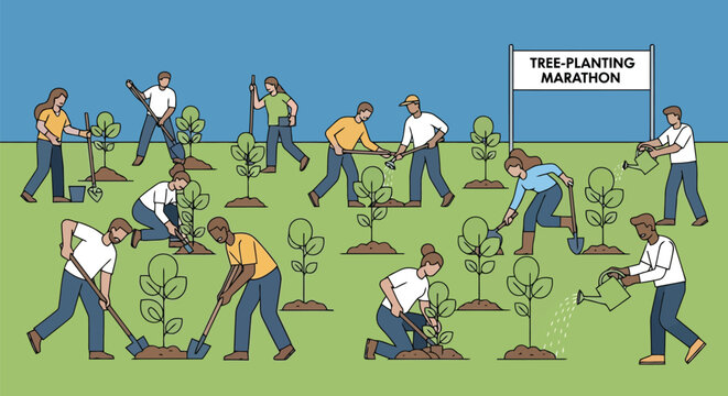 Diverse group of people participating in a tree planting marathon event, digging and watering young saplings
