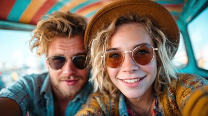 A vibrant and fun snapshot of a couple enjoying their day out in a colorful retro vehicle, embodying carefree adventures and youthful joy.