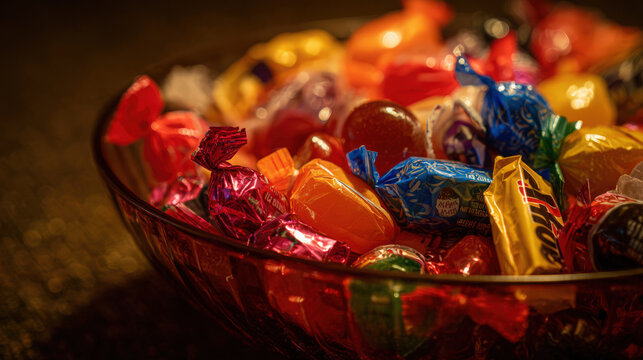 A colorful bowl overflowing with a delicious assortment of wrapped candies for any celebration or treat.