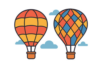 Obraz premium Two colorful hot air balloons flying with stylized clouds