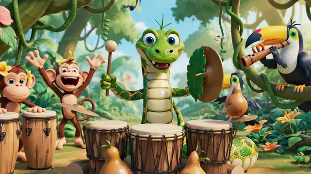 Cartoon jungle scene featuring various animal characters playing musical instruments