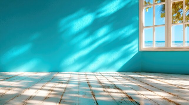 A serene and bright room with turquoise walls features a window showcasing palm trees and ocean views, creating a tranquil ambiance that invites relaxation and peace. - Powered by Adobe