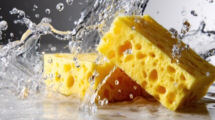 Two vibrant yellow sponges emerge from a splash of clear water, capturing the essence of cleanliness and freshness in a visually striking composition that invites engagement.