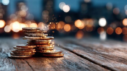A stack of coins glimmers with vibrant lights from a distant city, symbolizing wealth, success, and the allure of prosperity in an urban setting that evokes aspiration.