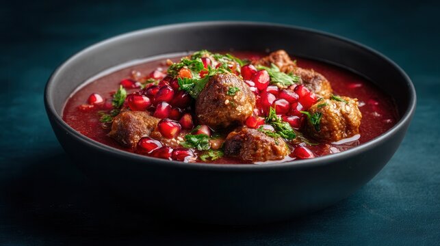 Azerbaijani Cuisine Dish, Kofta Bozbash Soup With Meatballs, Pomegranates, and Herbs in a Dark Bowl on a Dark Background