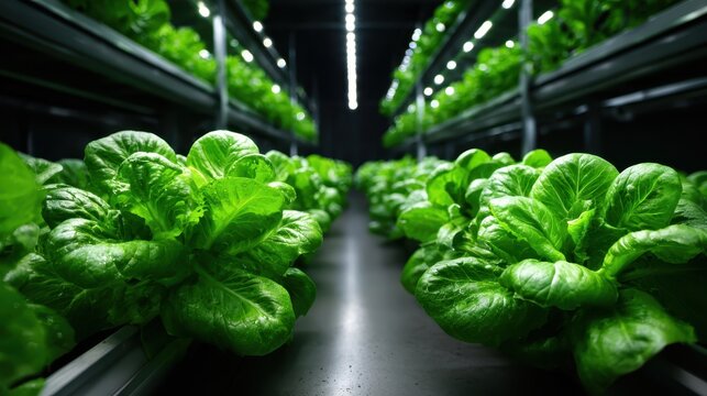 A lush green row of hydroponic lettuce in a well-lit indoor farm setting represents sustainable agriculture and advanced cultivation techniques in modern farming.