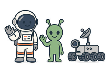 Friendly astronaut alien and space rover waving hello