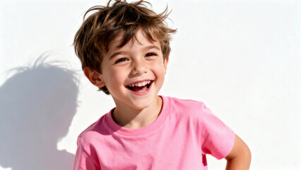 Portrait of European joyful 5-year-old boy in a T-shirt on a white background