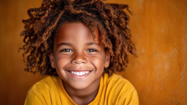 A cheerful young boy with curly hair beams a radiant smile, capturing the essence of joy and innocence, perfect for family, children, or happiness-related themes. - Powered by Adobe