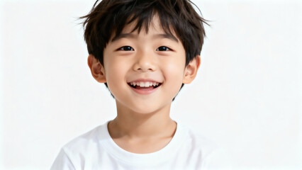 Portrait of a joyful asian 5-year-old boy in a T-shirt on a white background