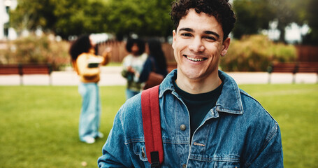 Portrait, student or man on campus with smile for college scholarship, education or skill development. Proud, person outdoor or happy at university for learning goals, knowledge or study opportunity.
