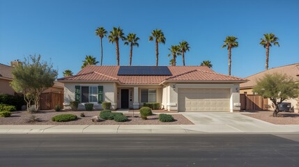 A beautiful stucco single family home with a red tile roof and solar panels on a sunny day with palm trees and blue sky