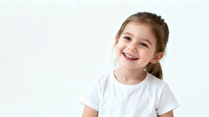 Portrait of a cheerful laughing Slavic girl 3-4 years old in a white T-shirt