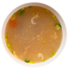 Traditional Spanish dish cocido chickpea stew with meat and vegetables. Isolated over white background