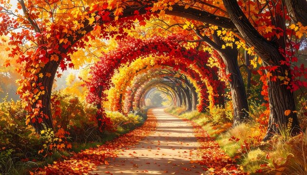 A winding dirt path leads through a tunnel of vibrant autumn foliage. The trees arch over, creating a colorful canopy