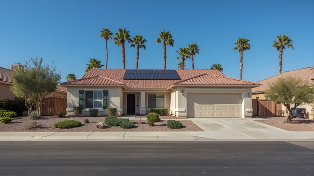 A beautiful stucco single family home with a red tile roof and solar panels on a sunny day with palm trees and blue sky