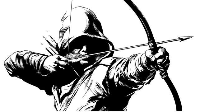 Intense hooded archer drawing bow and arrow, black and white illustration. Focused man aiming for precision target practice.