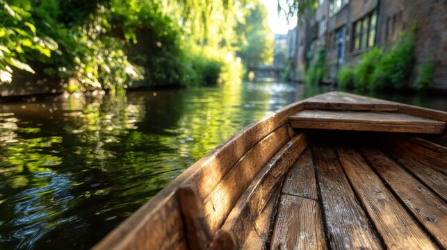 A tranquil river scene showcasing a vintage wooden rowboat, surrounded by lush greenery, promoting a sense of relaxation and connection with nature.