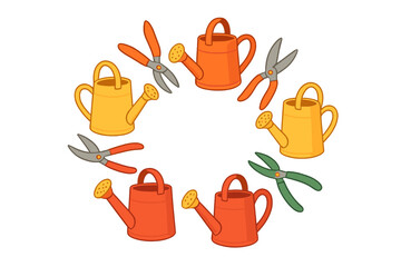 Vibrant garden implements forming a circular decorative border frame