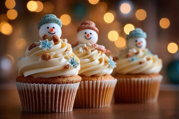 Festive cupcakes topped with snowman decorations and creamy frosting, glowing warmly with holiday lights in the background