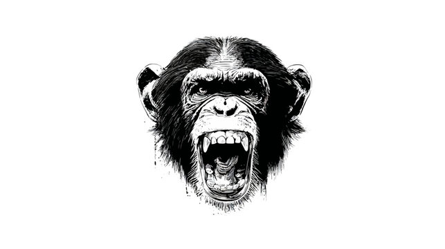 Aggressive chimpanzee roaring head illustration, black and white primate face, open mouth showing teeth, angry monkey graphic art