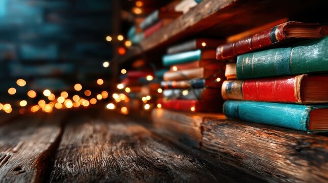 An enchanting image of a bookshelf filled with vibrant books illuminated by twinkling lights, inviting viewers into a world of imagination, knowledge, and cozy reading experiences.