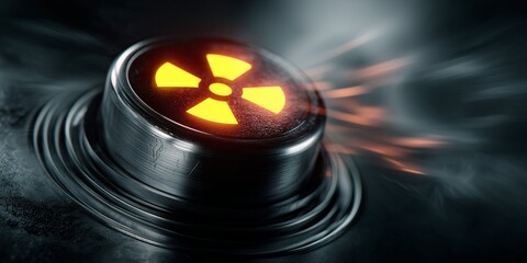 A red radiation symbol glows ominously on a metallic button, surrounded by fiery sparks. The image evokes danger, urgency, and striking visual impact.