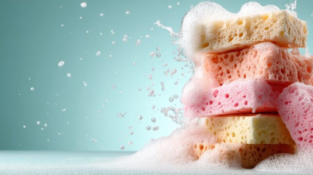 A dynamic and colorful arrangement of sponges splattered with bubbles and water, illustrating a playful and refreshing take on cleanliness and fun.