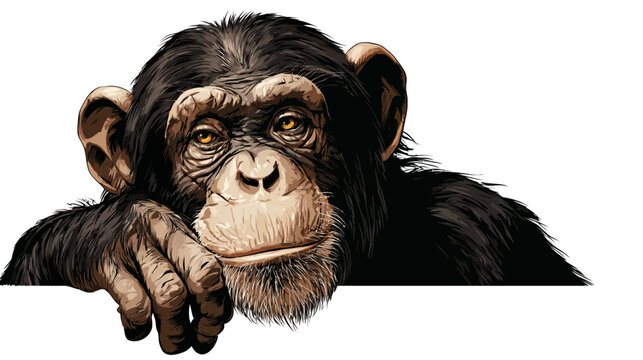 Detailed realistic illustration of a chimpanzee peeking over a white border, looking directly at the viewer. Primate wildlife portrait.