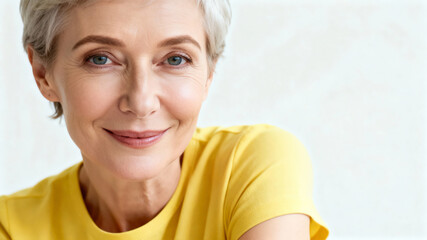 Photo of happy an Slavic senior female model, short hair, wearing yellow short sleeves, looking into the camera