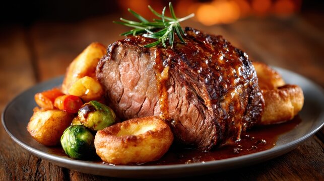 An appetizing close-up of a perfectly roasted beef dish garnished with fresh herbs and served alongside a variety of colorful vegetables, enticing culinary flavors and presentation.