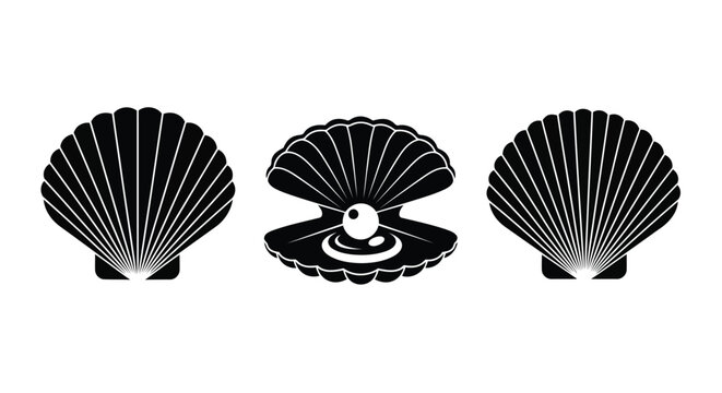 Vector art of three black seashell icons, two closed and one open with a pearl