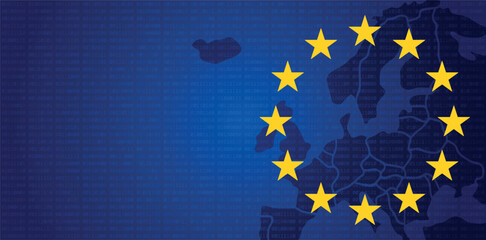 European Union digital map with binary code background symbolizing data protection cybersecurity GDPR regulation technology network integration innovation across Europe digital economy governance