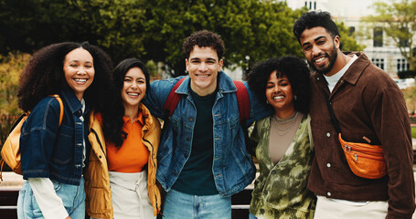 Portrait, friends and students with hug on campus, education support and outdoor bonding on study break. University scholarship, connection or happy people embrace together, care or knowledge outside