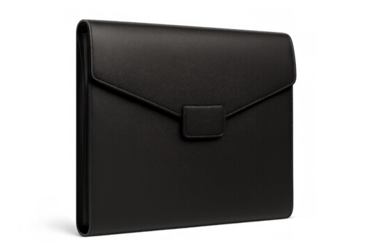Black leather portfolio folder presenting corporate business professionalism, organizing documents, transparent background