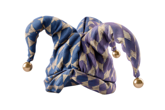 Blue and gold diamond pattern jester hat with dangling gold bells fool clown, Isolated On Black Background, Png Transparent Background, Cut Out