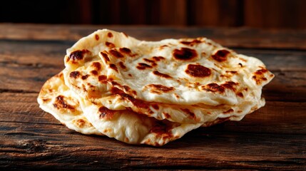 A stack of freshly baked naan bread, with a golden-brown crust and fluffy interior, is beautifully presented on a rustic wooden table, inviting delicious experiences.